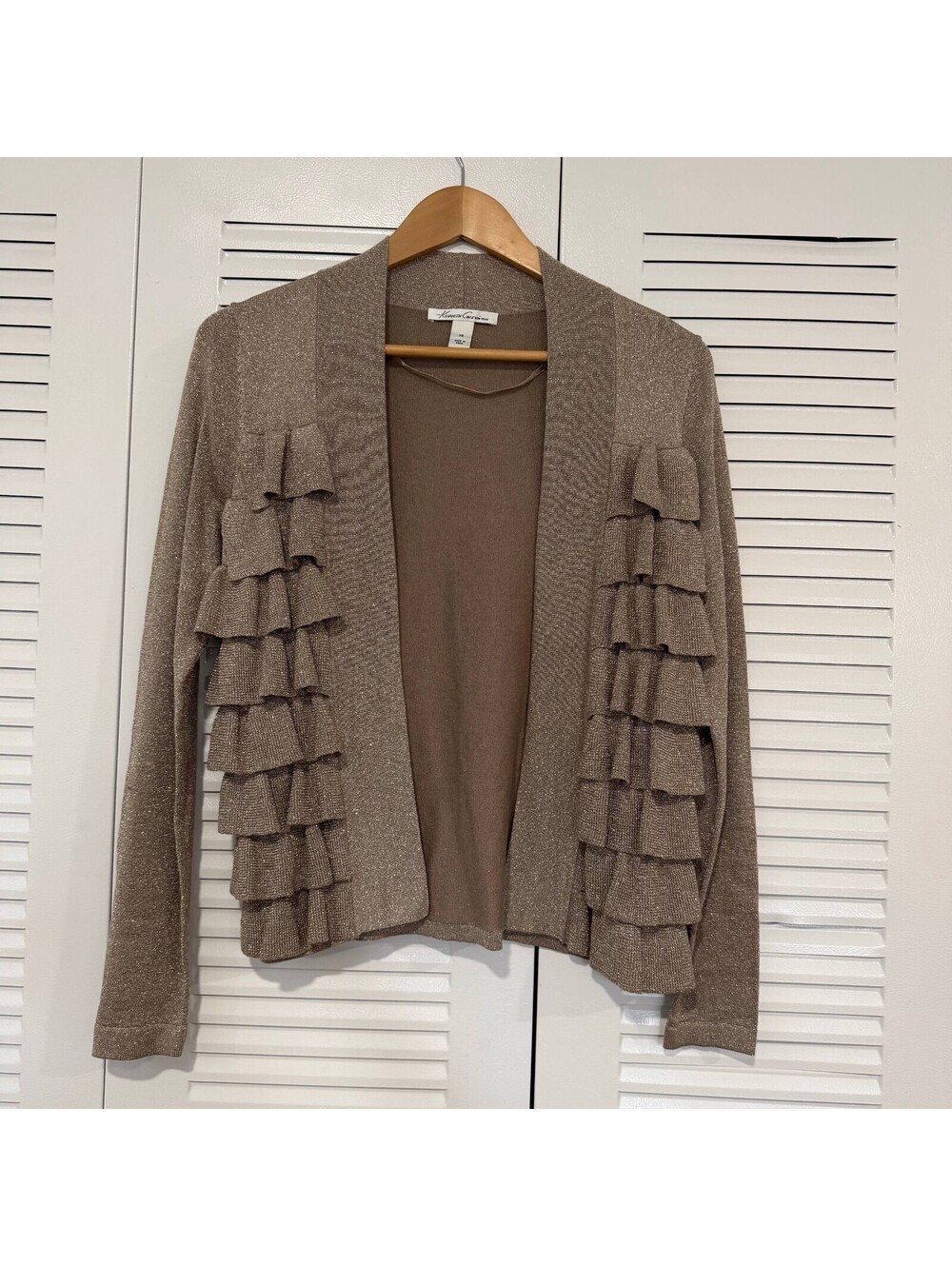 Kenneth Cole New York XS Silk Blend Metallic Ruffle Open Front Cardigan Sweater